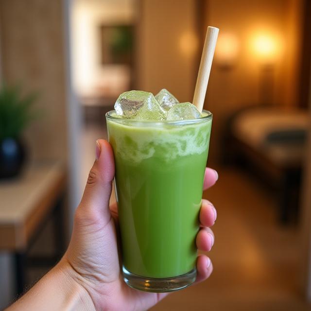 Gast genießt einen Iced Matcha in der Aqua Aura Lounge