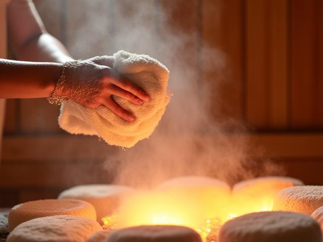 Ein Saunameister führt ein Aufguss-Ritual mit einem Handtuch durch